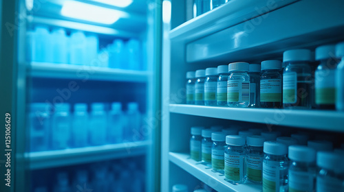 Medication storage: Rows of vials in a refrigerator, possibly at a pharmacy or clinic, with labels visible under cool blue lighting.