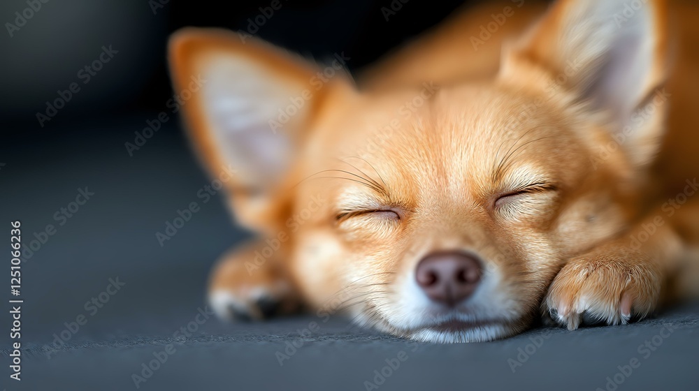 Obraz premium Sleeping Chihuahua dog with closed eyes resting on dark background, peaceful expression and relaxed pose showing pet contentment and tranquility.