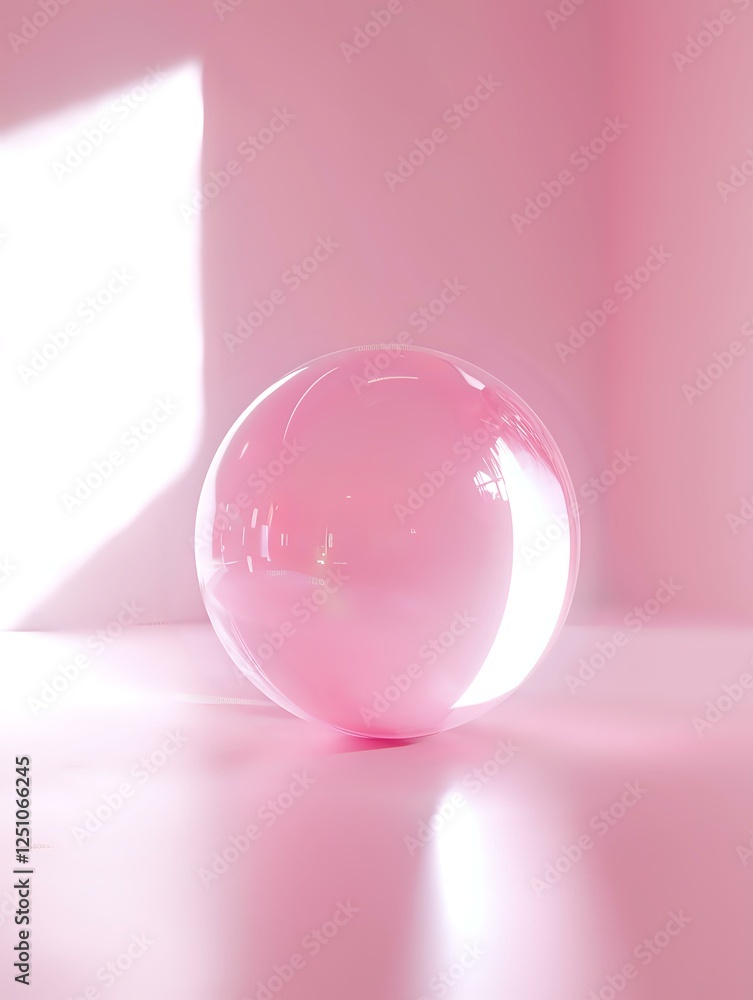Crystal clear glass sphere on pink background with soft shadows and light reflections, creating minimalist composition with dreamy aesthetic mood. Crystal clear glass sphere on pink background with soft shadows and light reflections, creating minimalist composition with dreamy aesthetic mood.