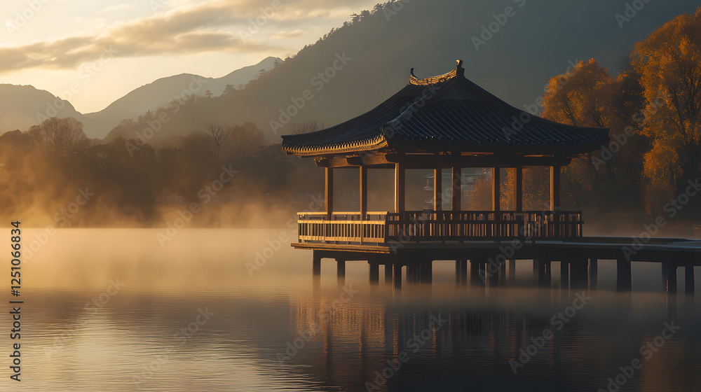 Fototapeta premium An ancient-style pavilion stands on the calm lake, with mountains in the background and a sunset sky