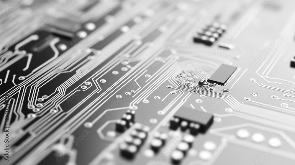Abstract close-up of a glowing digital circuit board, showcasing intricate connections and technological design 
