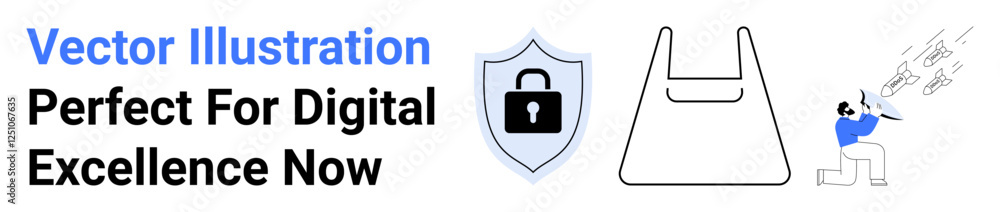 Secure shield with lock icon, file folder design, and person analyzing digital data patterns. Ideal for cybersecurity, data storage, data analysis, productivity, workflows, technology processes flat Secure shield with lock icon, file folder design, and person analyzing digital data patterns. Ideal for cybersecurity, data storage, data analysis, productivity, workflows, technology processes flat