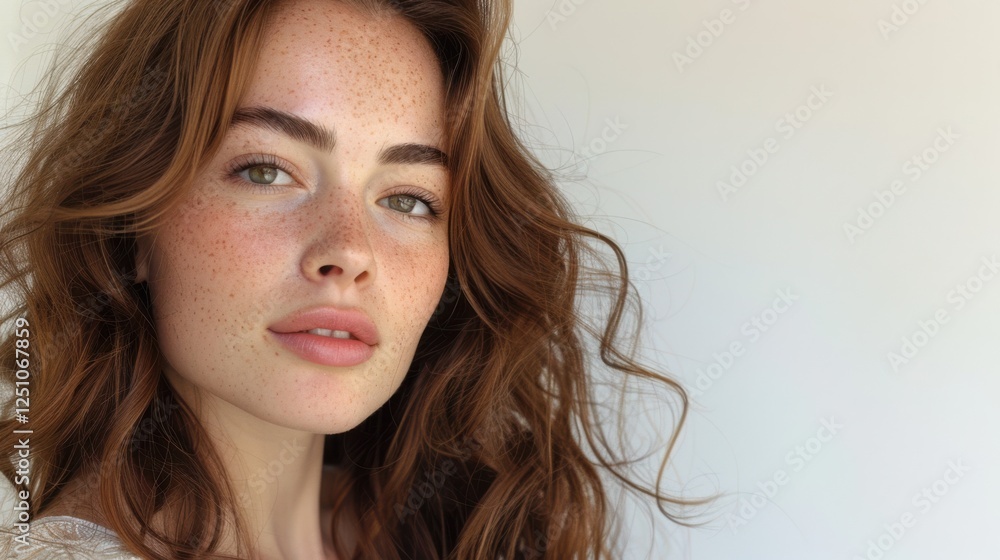Portrait, young woman, long wavy brown hair, natural beauty, freckles, floral background, soft lighting, dreamy atmosphere, lace top, bare shoulders, romantic mood, vintage aesthetic, pastel colors, d Portrait, young woman, long wavy brown hair, natural beauty, freckles, floral background, soft lighting, dreamy atmosphere, lace top, bare shoulders, romantic mood, vintage aesthetic, pastel colors, d