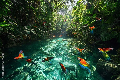 A crystal-clear tropical lagoon surrounded by dense rainforest and colorful parrots flying overhead photo