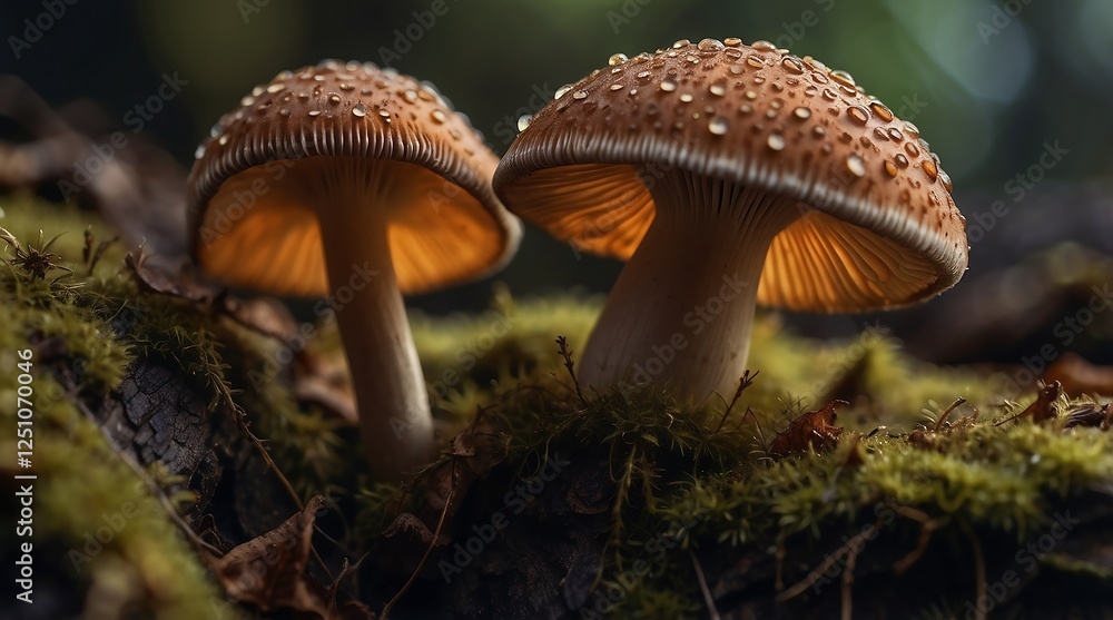 Fototapeta premium Close Up of Edible Wild Mushrooms in Natural Habitat of Damp Forest Floor
