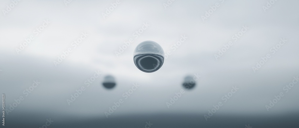 Black and white photograph of a single drop of water in the center of the frame. the drop appears to be floating in the air, with three smaller drops below it. Black and white photograph of a single drop of water in the center of the frame. the drop appears to be floating in the air, with three smaller drops below it.