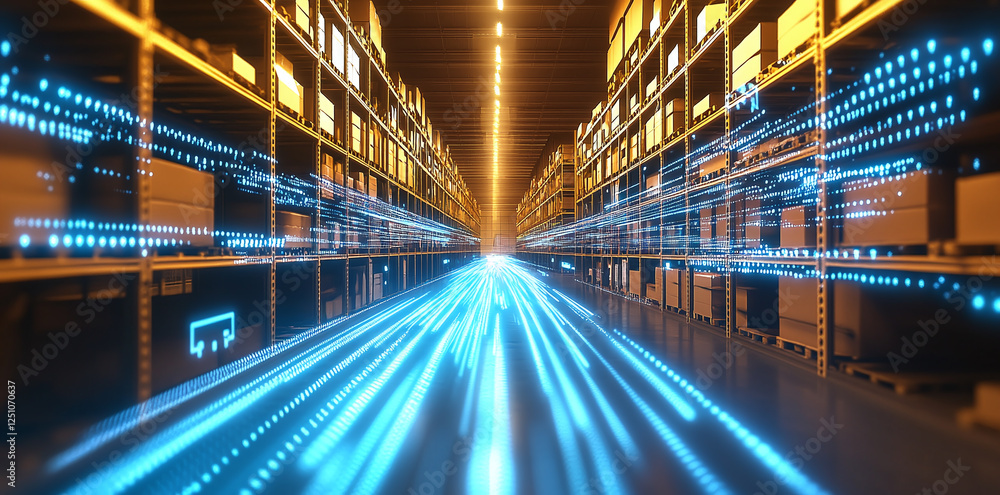 A warehouse aisle is illuminated with digital data streams. Rows of stacked boxes are shown with blue glowing lights representing the flow of information. A warehouse aisle is illuminated with digital data streams. Rows of stacked boxes are shown with blue glowing lights representing the flow of information.
