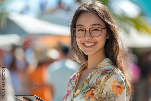 A woman wearing glasses and a floral shirt is smiling and holding a tablet. Generative AI