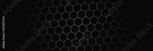 Dark grey abstract wide horizontal banner with hexagon carbon fiber grid and orange luminous lines. Technology vector background with orange neon lines