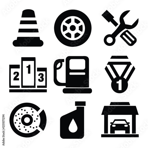 Minimalist Racing and Car Maintenance Pictograms with Vehicle Service Graphics, Mechanic Tools, Fuel Pump Icon, and Winner Podium for Automotive Industry