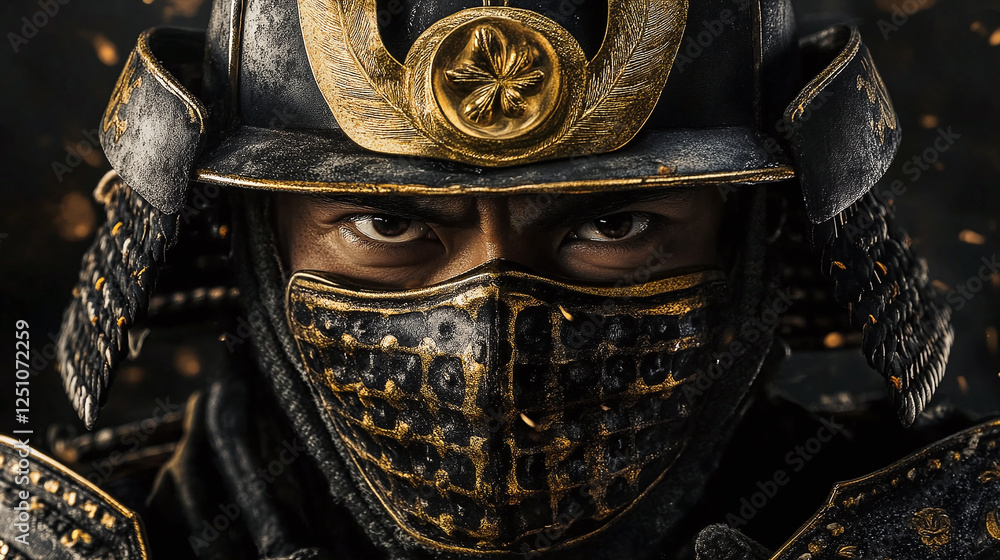 Obraz premium Close-up of an intimidating warrior wearing a traditional helmet and protective face mask, ready for battle in a historical era.