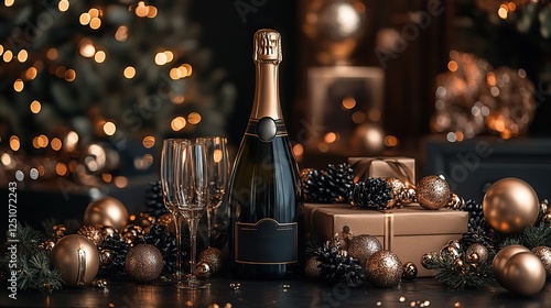 Wallpaper Mural This elegant New Year's setup features numbers, a champagne bottle, a gift, and decorations, perfect for celebrating new beginnings and joyful moments. Torontodigital.ca