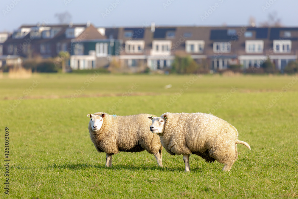 Fototapeta premium Selective focus of two sheeps standing on polder with green grass meadow, Ovis aries are quadrupedal ruminant mammals typically kept as livestock, Open farm in countryside in Noth Holland, Netherlands