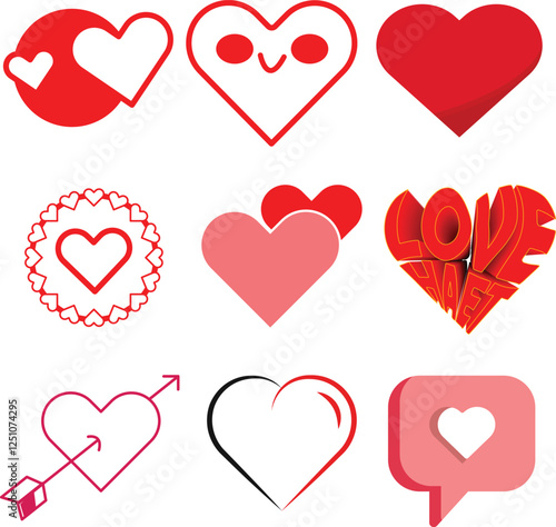 Collection of cute red and pink heart icons with smiling faces, arrows, love speech bubble, and decorative designs. Perfect for romantic messages, Valentine’s Day, and love-themed graphics.