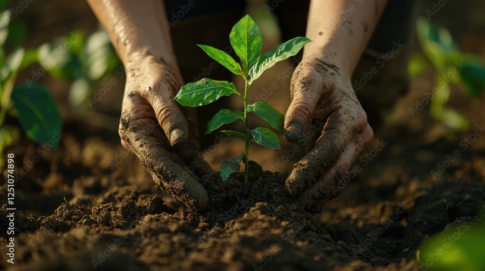 A person is planting a tree in the dirt. Generative AI A person is planting a tree in the dirt. Generative AI
