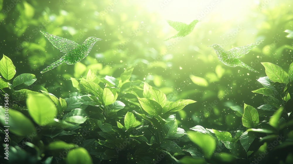 Fototapeta premium Digital ecology, Birds taking flight amidst lush green foliage illustration