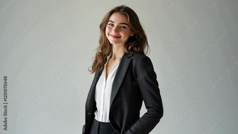 Confident Businesswoman in a Stylish Suit Poses on a Plain Background Confident Businesswoman in a Stylish Suit Poses on a Plain Background