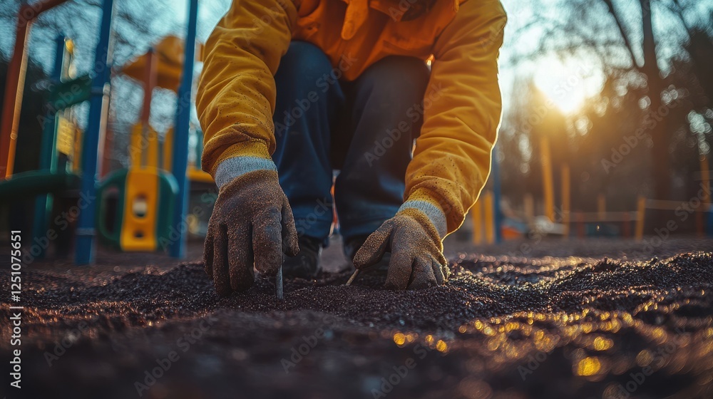 A person in a yellow jacket is kneeling down in a park. Generative AI A person in a yellow jacket is kneeling down in a park. Generative AI