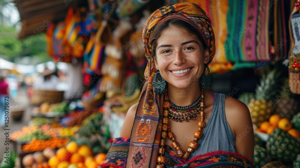 Fototapeta premium Travelers exploring bustling local markets filled with vibrant textiles, exotic fruits, and handmade crafts, interacting with smiling vendors and experiencing authentic cultural exchanges 