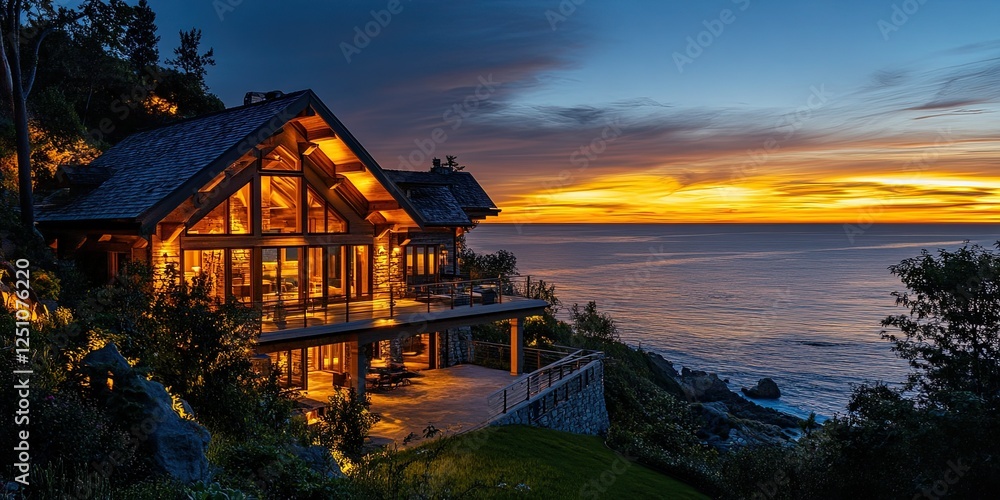 Fototapeta premium Luxury Coastal Log Cabin at Sunset