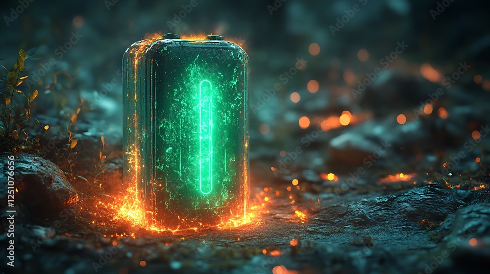 Modern eco battery design with a realistic green glow and subtle sparks of energy Modern eco battery design with a realistic green glow and subtle sparks of energy