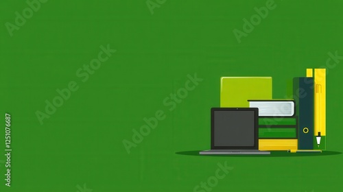 Colorful Stationery and Laptop on Green Background for Education and Office Use