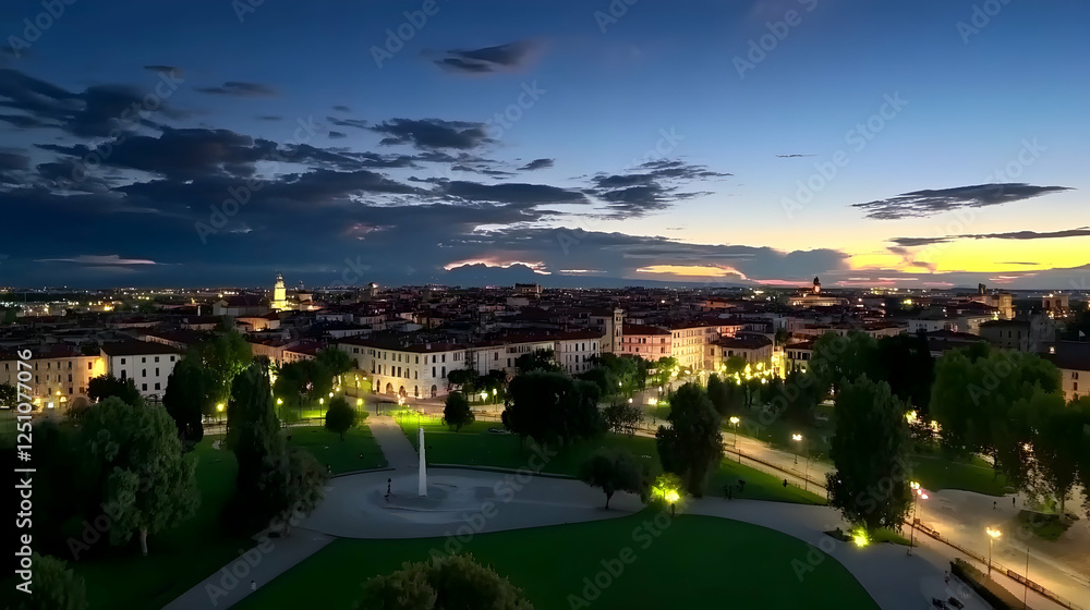 Fototapeta premium Aerial view of dusk scenery in a city park, with lights illuminating trees and pathways, evoking a sense of tranquility, ideal for tourism ads