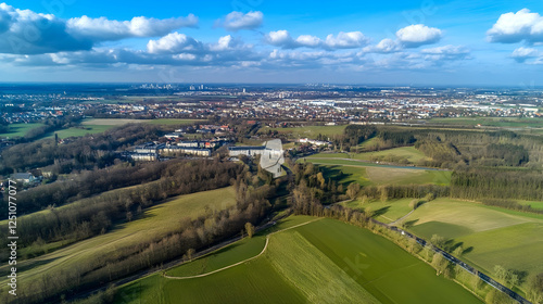 Aerial view of buildings and trees alongside green fields in Germany, background shows houses under a cloudy blue sky. Use Travel promotion