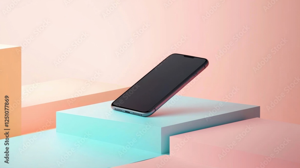 Black smartphone resting on a blue and pink geometric platform. the platform is placed on a pink and orange gradient background, creating a gradient effect. Black smartphone resting on a blue and pink geometric platform. the platform is placed on a pink and orange gradient background, creating a gradient effect.