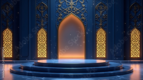 3d blue islamic stage podium with golden accents in a dark night theme for ramadan or islamic festival 3d render,