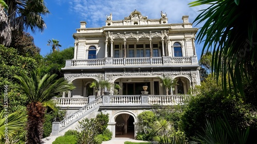 Wallpaper Mural Elegant colonial mansion with ornate Victorian architecture featuring white columns and decorative balconies surrounded by lush tropical palm trees and gardens Torontodigital.ca
