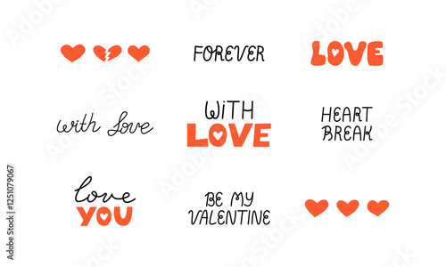 Set of various quotes for valentine's day holiday. Vector flat hand drawn lettering. You make me happy, kiss me, love you, be mine, etc.