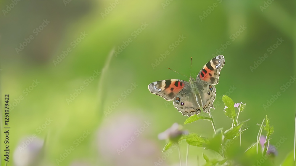 Fototapeta premium Butterfly resting on plant in meadow, soft focus background. Image can be used for nature and insect studies, and ecological projects