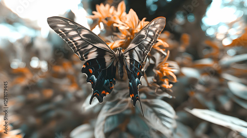 Butterfly spreading wings on flower with blurred leaves background for nature, beauty, or wildlife themes in print or web publications photo