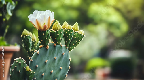 Cactus blooms in summer garden with sunlight; ideal for drought, southwest themes photo