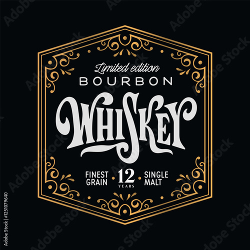 Whiskey Bourbon label logo emblem with ornate golden borders. Vector vintage illustration.
