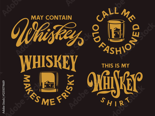 Whiskey quotes t-shirt design set. Hand drawn whiskey theme messages. Vector vintage style lettering illustration.
