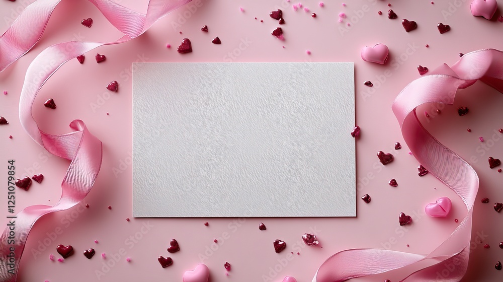 Top view photo of Saint Valentine's Day decorations curly silk ribbon and a paper card with copyspace on an isolated pastel pink background. Top view photo of Saint Valentine's Day decorations curly silk ribbon and a paper card with copyspace on an isolated pastel pink background.
