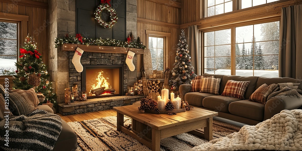 Obraz premium Cozy Christmas Cabin Living Room with Fireplace and Winter View
