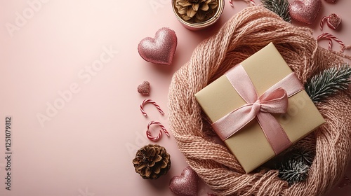 Top view photo of Saint Valentine's Day decorations curly silk ribbon and a paper card with copyspace on an isolated pastel pink background.