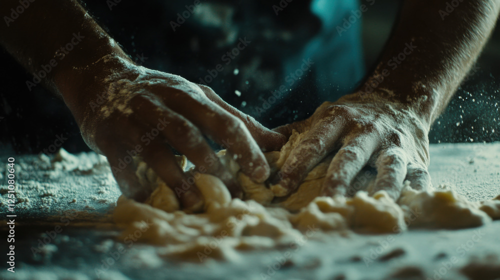 Fototapeta premium Baker's Hands Kneading Dough with Flour on Rustic Table, Close-Up Capture of Culinary Artistry and Texture in Kitchen Lighting, Baking Passion and Craft