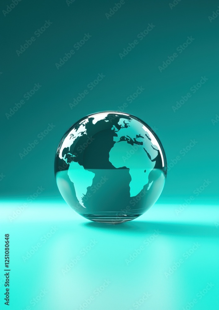 Fototapeta premium 3d rendering of a glass globe on a turquoise background. the globe is in the center of the image, with the continents and oceans clearly visible.