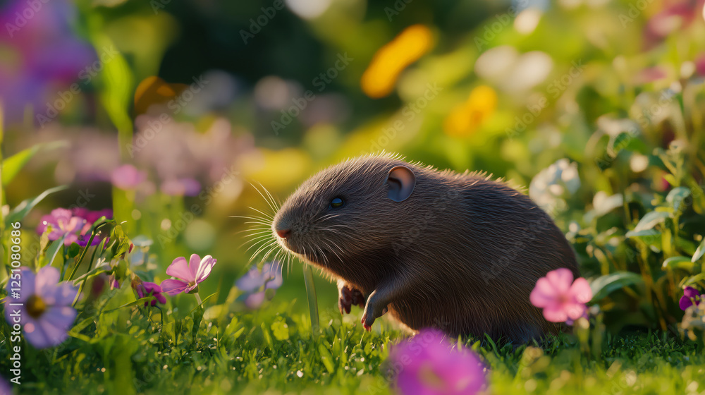 Mole emerging from the ground hole in green lush garden Mole emerging from the ground hole in green lush garden
