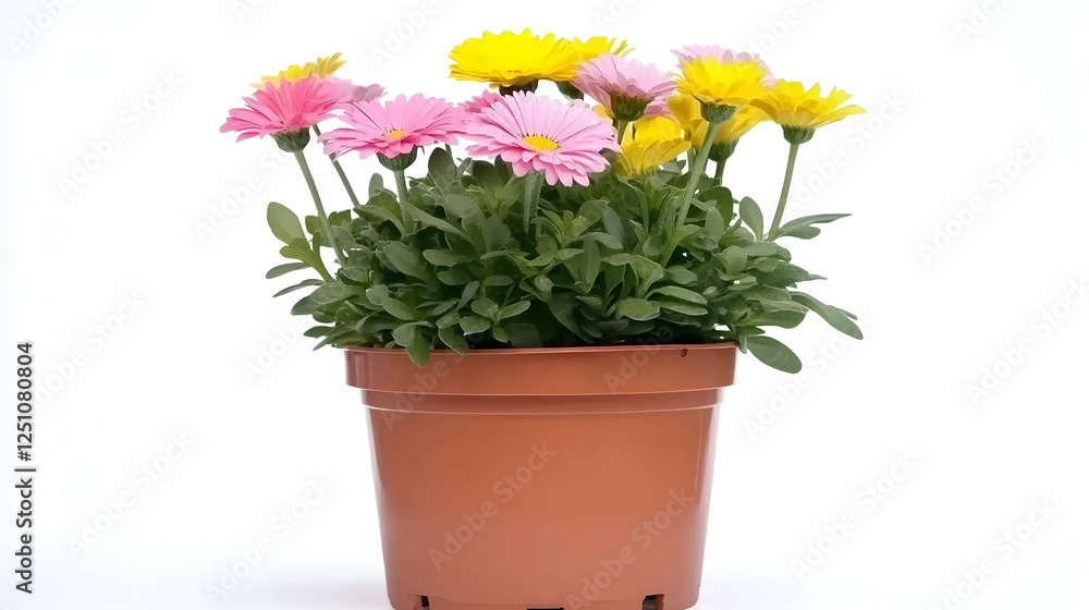 Colorful daisies bloom in a pot, set against a bright background, perfect for plant-themed ads or home decor inspiration Colorful daisies bloom in a pot, set against a bright background, perfect for plant-themed ads or home decor inspiration