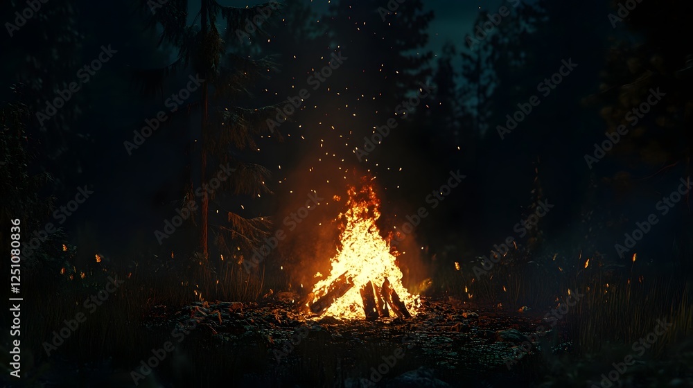 Cozy campfire burning brightly in the serene wilderness of a dark forest at night creating a warm and inviting atmosphere for outdoor adventure and relaxation