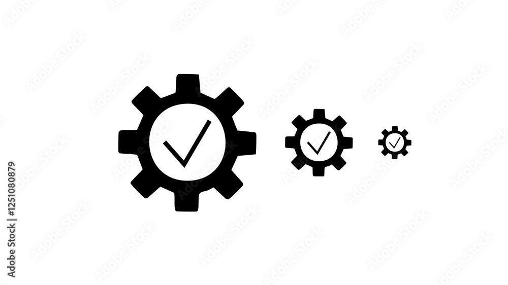 Black gear icon, spinning, rotating, isolated on tick mark icon transparent background with alpha channel. Black gear icon, spinning, rotating, isolated on tick mark icon transparent background with alpha channel.