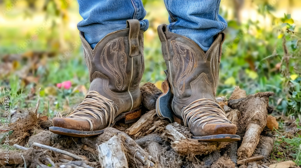 Cowboy boots standing on chopped wood in nature. Rustic scene for outdoor lifestyle, rodeo, or western-themed project Cowboy boots standing on chopped wood in nature. Rustic scene for outdoor lifestyle, rodeo, or western-themed project