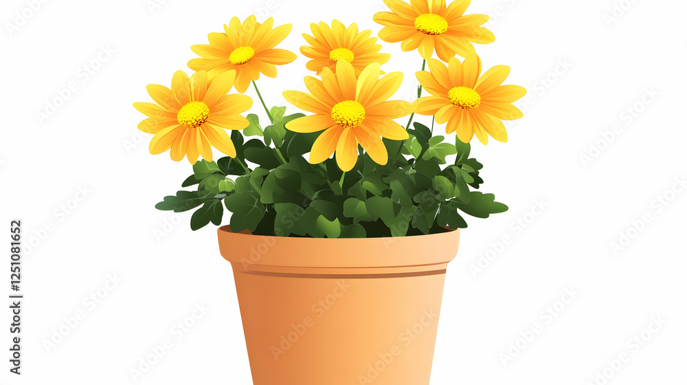 Daisy pot illustration for spring. Potted plants are used as decorative elements. Isolated background ideal for seasonal designs