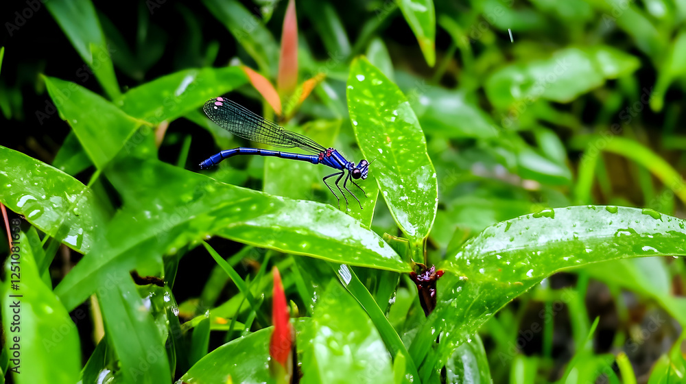 Damselfly resting on wet leaves amidst a lush green garden, potential use for natural environment, biodiversity, or nature photography Damselfly resting on wet leaves amidst a lush green garden, potential use for natural environment, biodiversity, or nature photography