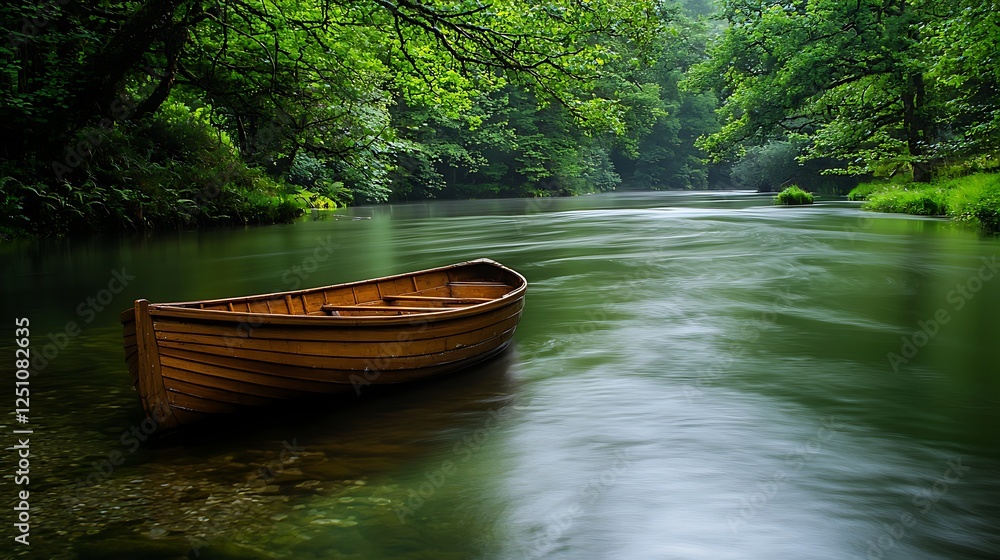 A flowing river with a small wooden boat drifting gently on its calm surface A flowing river with a small wooden boat drifting gently on its calm surface